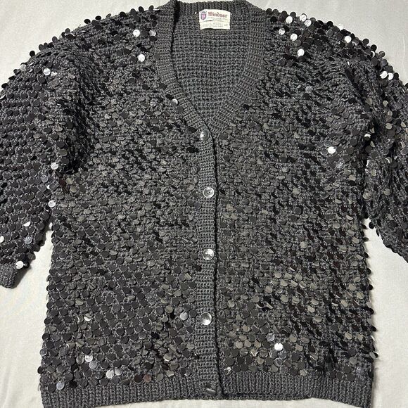 Vintage Windsor Sweater Women Medium Black Wool Cardigan Hand Decorated Sequin - Picture 6 of 9